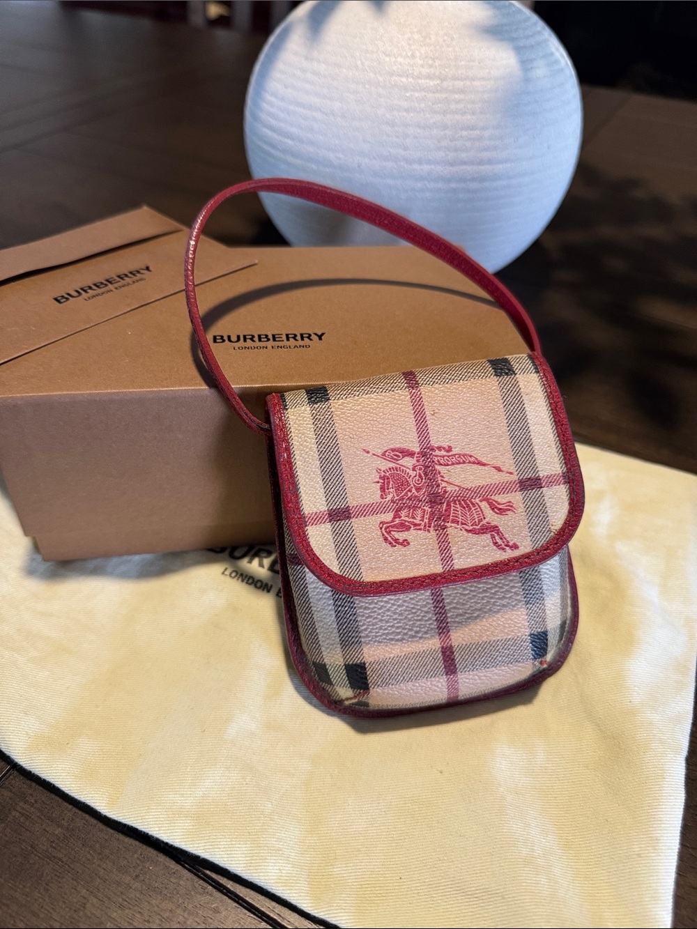 Burberry Beige Plaid Mini Crossbody with Red Leather Interior